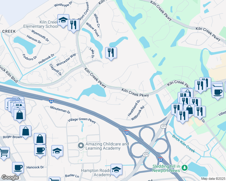 map of restaurants, bars, coffee shops, grocery stores, and more near 913 Nicklaus Drive in Newport News