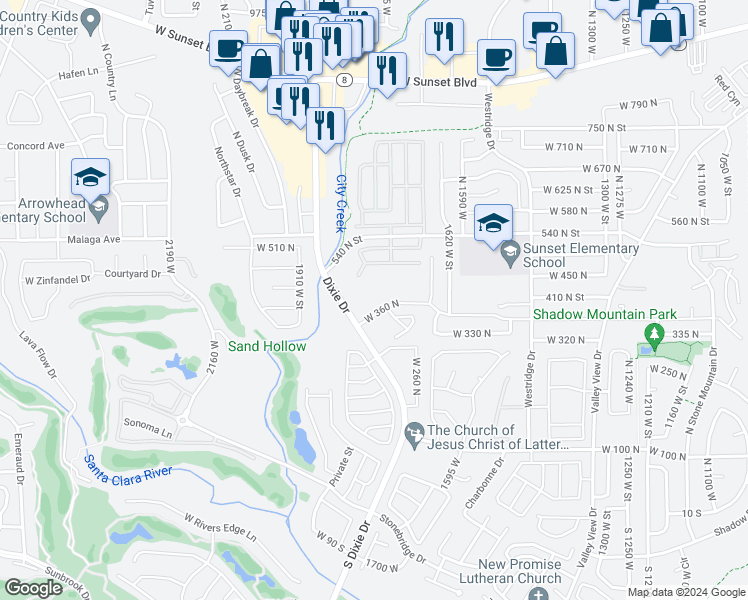 map of restaurants, bars, coffee shops, grocery stores, and more near 1735 West 540 North in St. George
