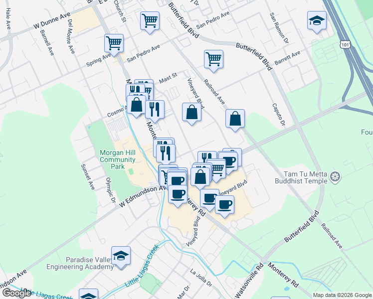 map of restaurants, bars, coffee shops, grocery stores, and more near 16195 Church Street in Morgan Hill