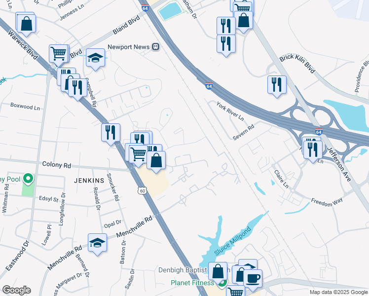 map of restaurants, bars, coffee shops, grocery stores, and more near 28 Colony Road in Newport News