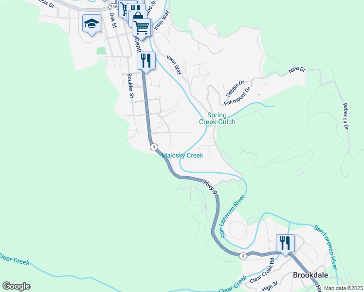 map of restaurants, bars, coffee shops, grocery stores, and more near 260 River Street in Boulder Creek