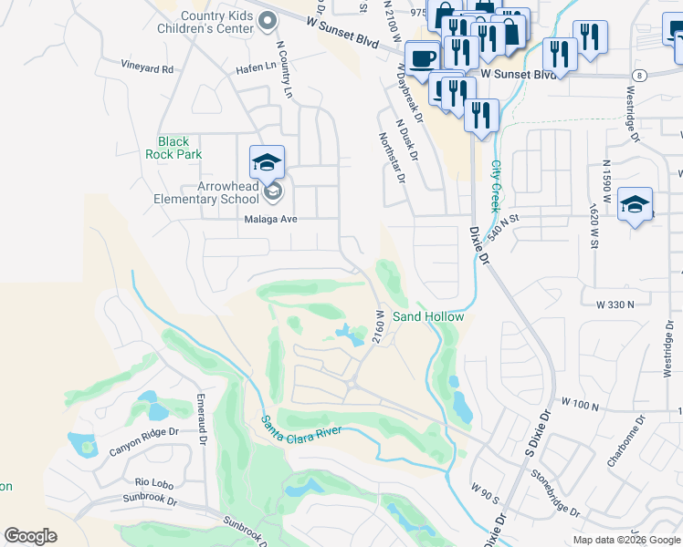 map of restaurants, bars, coffee shops, grocery stores, and more near 409 North Country Lane in St. George