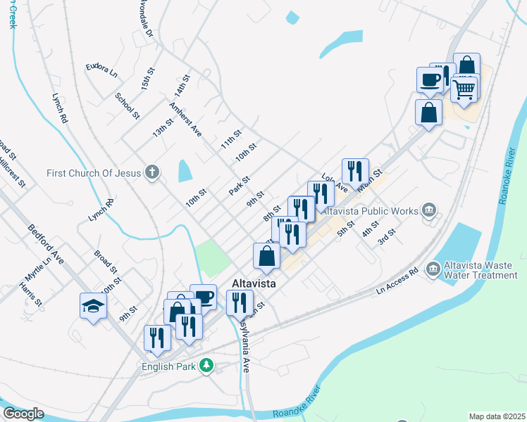 map of restaurants, bars, coffee shops, grocery stores, and more near 802 Amherst Avenue in Altavista