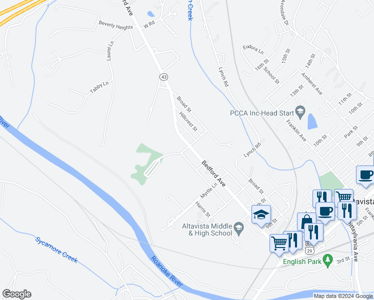 map of restaurants, bars, coffee shops, grocery stores, and more near 1207 Woodland Avenue in Altavista
