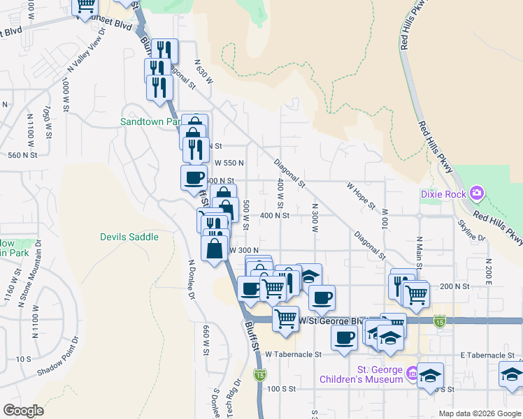 map of restaurants, bars, coffee shops, grocery stores, and more near 452 500 West Street in St. George