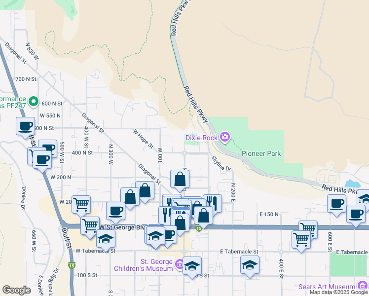 map of restaurants, bars, coffee shops, grocery stores, and more near 452 North Main Street in St. George