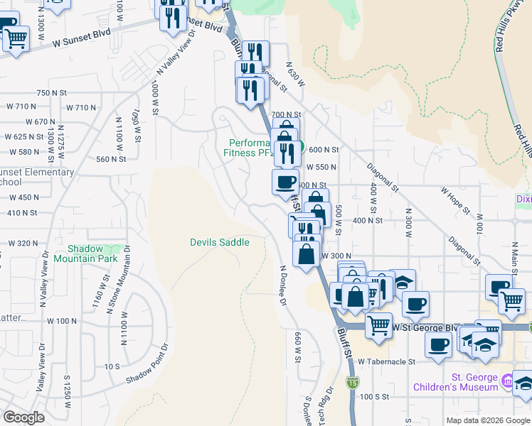 map of restaurants, bars, coffee shops, grocery stores, and more near 702 West 390 North Circle in St. George