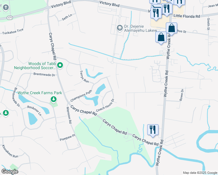 map of restaurants, bars, coffee shops, grocery stores, and more near 403 Coach Hovis Drive in Yorktown