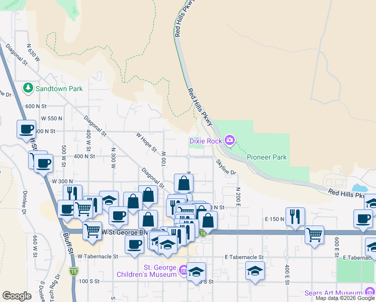 map of restaurants, bars, coffee shops, grocery stores, and more near 452 North Main Street in St. George