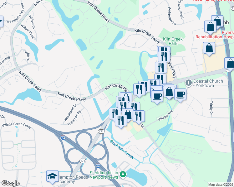 map of restaurants, bars, coffee shops, grocery stores, and more near 201 Kiln Creek Parkway in Yorktown