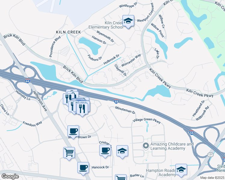 map of restaurants, bars, coffee shops, grocery stores, and more near 783 Windbrook Circle in Newport News