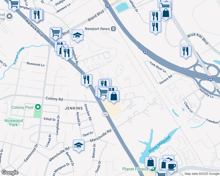 map of restaurants, bars, coffee shops, grocery stores, and more near 408 Savage Drive in Newport News