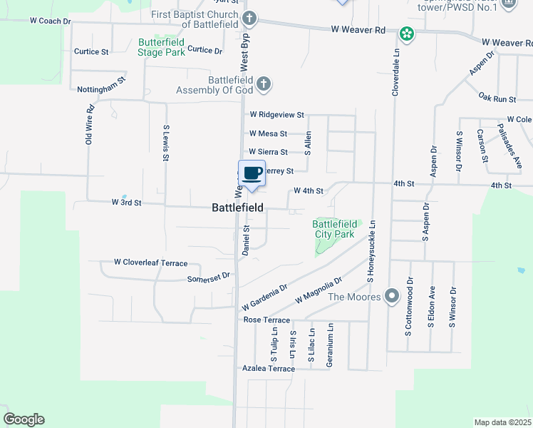 map of restaurants, bars, coffee shops, grocery stores, and more near 4223 West 3rd Street in Battlefield
