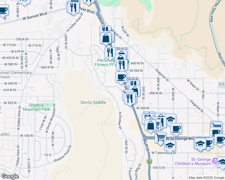 map of restaurants, bars, coffee shops, grocery stores, and more near 702 West 390 North Circle in St. George