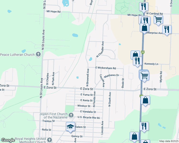 map of restaurants, bars, coffee shops, grocery stores, and more near 2901 Brownell Avenue in Joplin