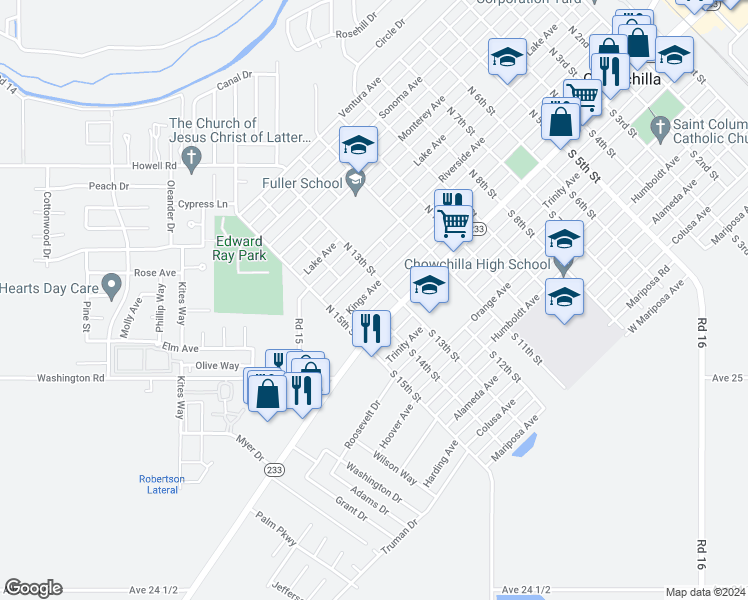 map of restaurants, bars, coffee shops, grocery stores, and more near 1317 Kings Avenue in Chowchilla