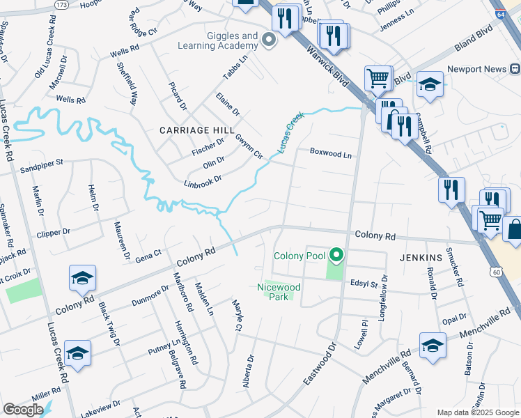 map of restaurants, bars, coffee shops, grocery stores, and more near 210 Goode Drive in Newport News
