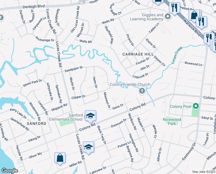 map of restaurants, bars, coffee shops, grocery stores, and more near 217 Clipper Drive in Newport News