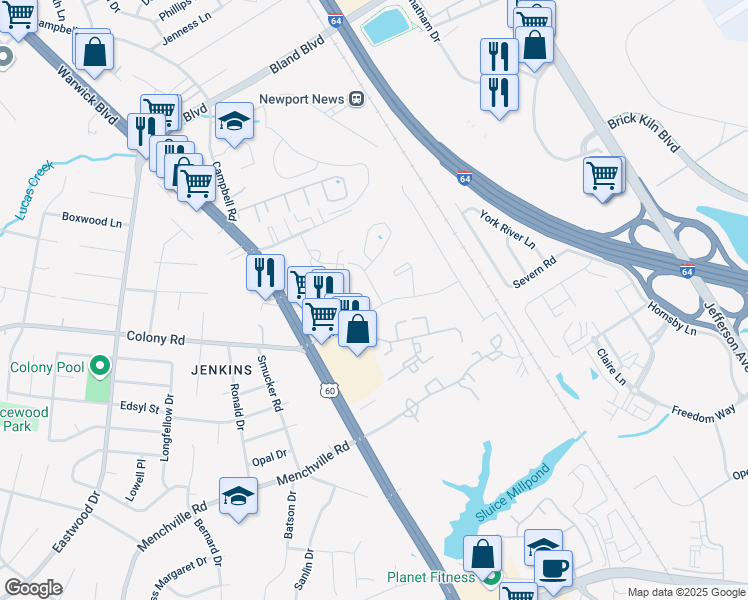 map of restaurants, bars, coffee shops, grocery stores, and more near 13305 Garden State Drive in Newport News