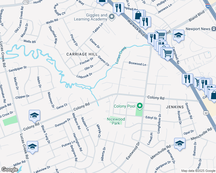 map of restaurants, bars, coffee shops, grocery stores, and more near 210 Goode Drive in Newport News