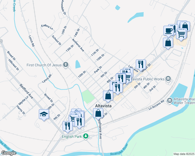 map of restaurants, bars, coffee shops, grocery stores, and more near 904 9th Street in Altavista