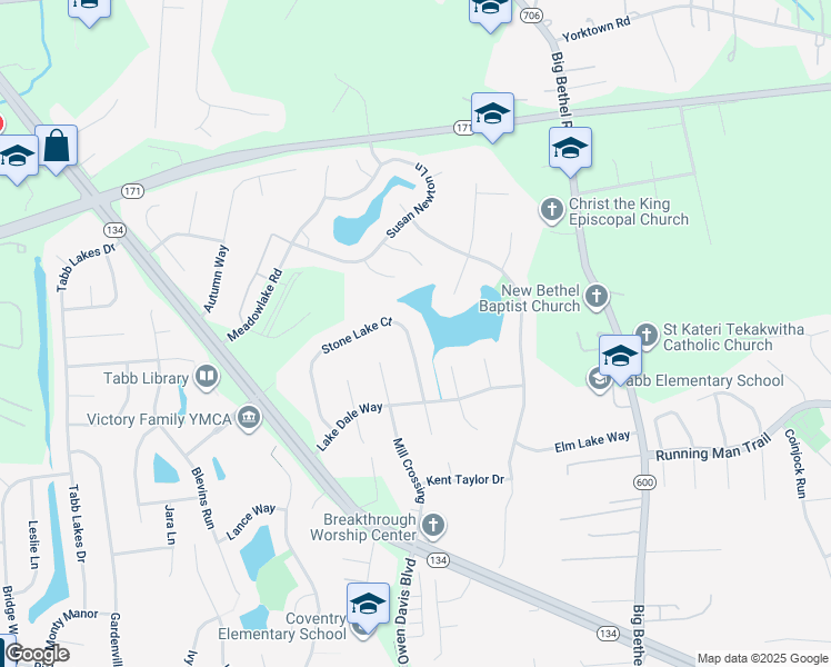 map of restaurants, bars, coffee shops, grocery stores, and more near 145 Stone Lake Court in Yorktown