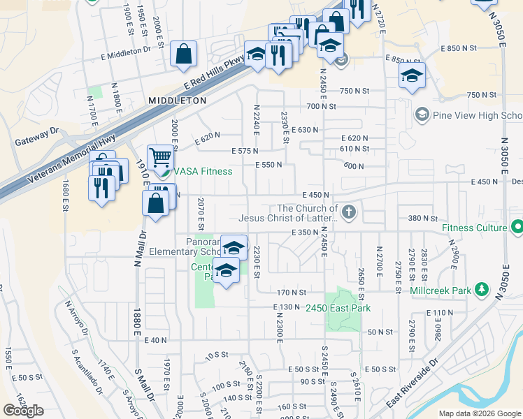 map of restaurants, bars, coffee shops, grocery stores, and more near 2246 East 440 North Circle in St. George
