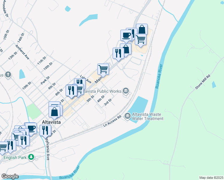 map of restaurants, bars, coffee shops, grocery stores, and more near 1303 4th Street in Altavista