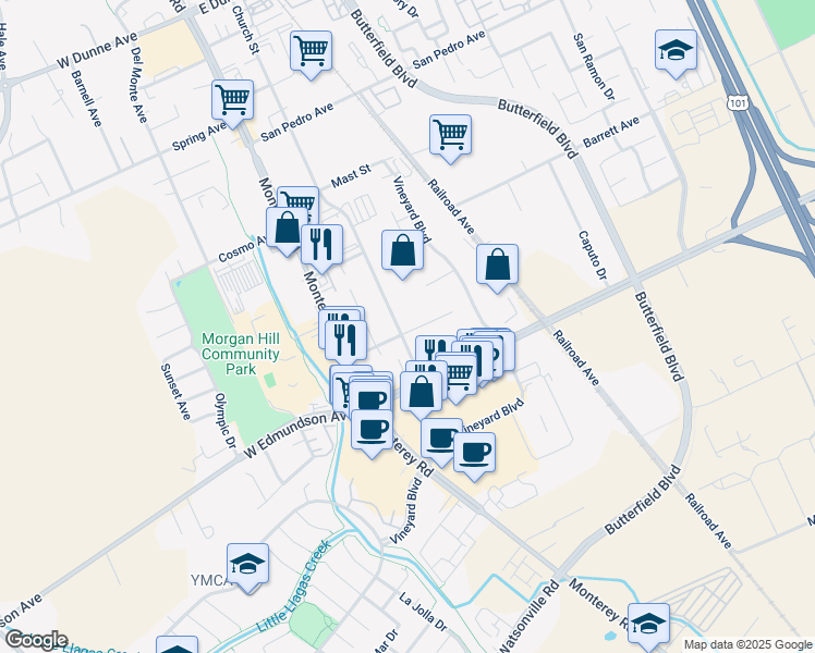map of restaurants, bars, coffee shops, grocery stores, and more near 220 Vineyard Court in Morgan Hill