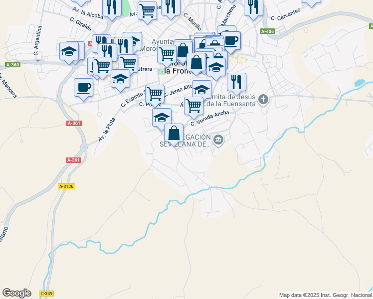 map of restaurants, bars, coffee shops, grocery stores, and more near 125 Calle de los Arrieros in Morón de la Frontera