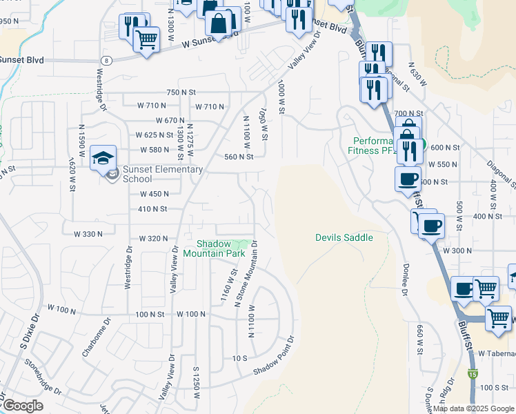 map of restaurants, bars, coffee shops, grocery stores, and more near 438 Stone Mountain Drive in St. George