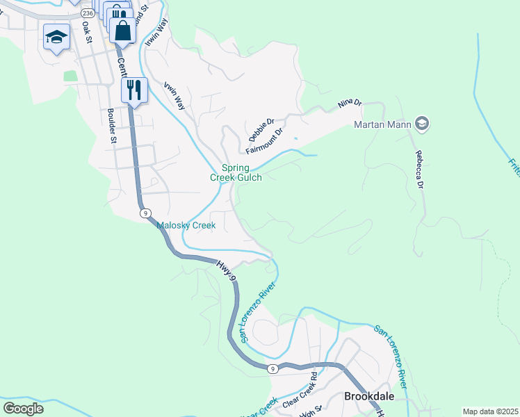 map of restaurants, bars, coffee shops, grocery stores, and more near 12470 Irwin Way in Boulder Creek