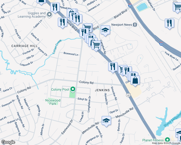 map of restaurants, bars, coffee shops, grocery stores, and more near 149 Merle Drive in Newport News