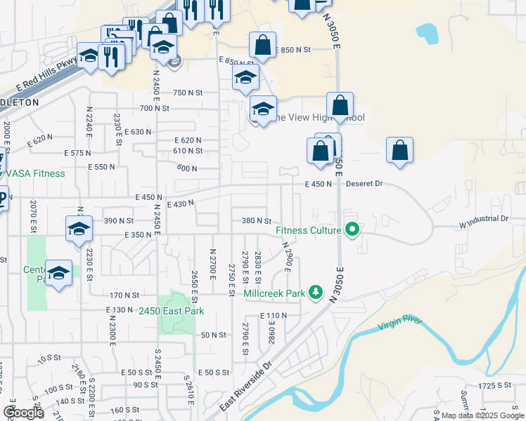 map of restaurants, bars, coffee shops, grocery stores, and more near 2846 410 North Street in St. George