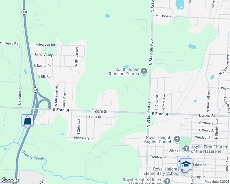 map of restaurants, bars, coffee shops, grocery stores, and more near 3001 N Michigan Ave in Joplin