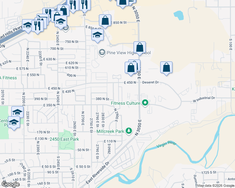map of restaurants, bars, coffee shops, grocery stores, and more near 2930 East 450 North in Saint George