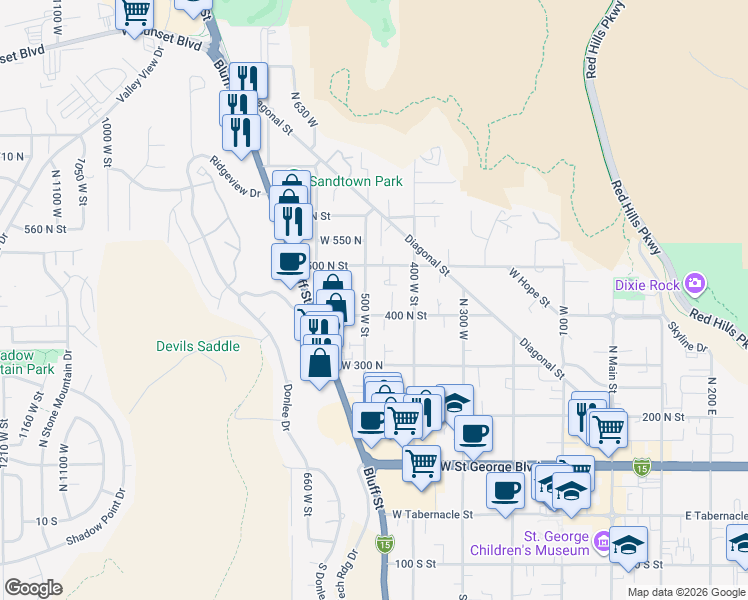 map of restaurants, bars, coffee shops, grocery stores, and more near 450 500 West Street in St. George