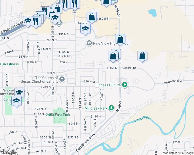map of restaurants, bars, coffee shops, grocery stores, and more near 403 North 2900 East in St. George