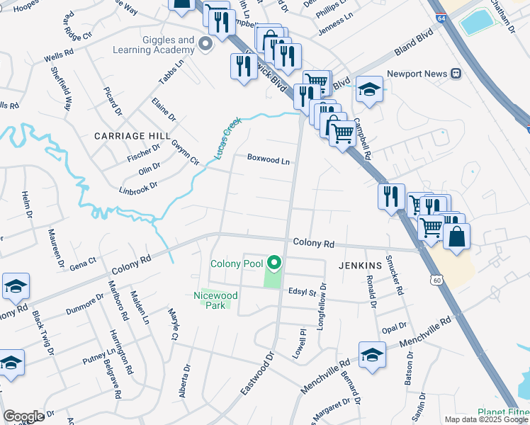 map of restaurants, bars, coffee shops, grocery stores, and more near 12 Sylvia Lane in Newport News