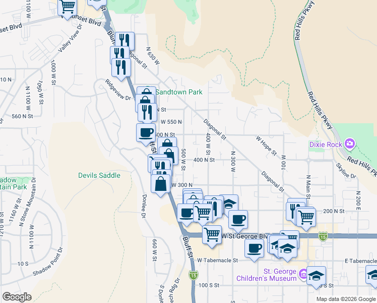 map of restaurants, bars, coffee shops, grocery stores, and more near 450 500 West Street in St. George