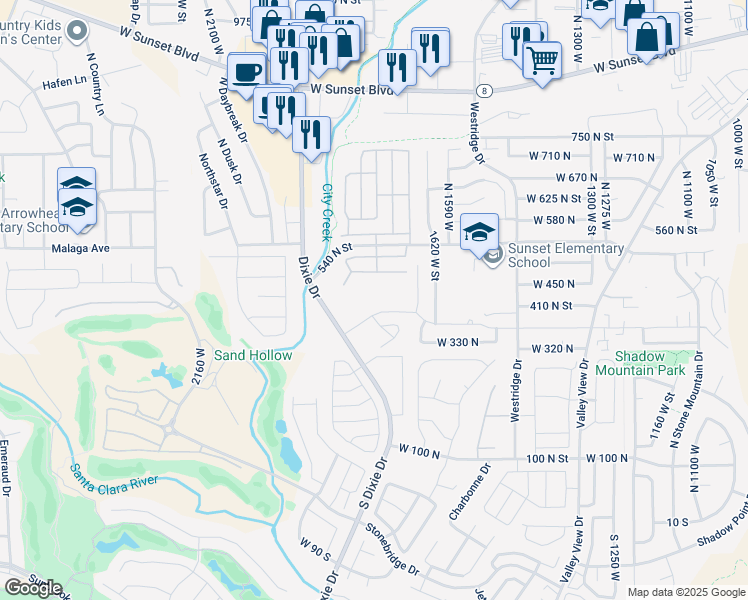 map of restaurants, bars, coffee shops, grocery stores, and more near 1735 West 540 North in St. George
