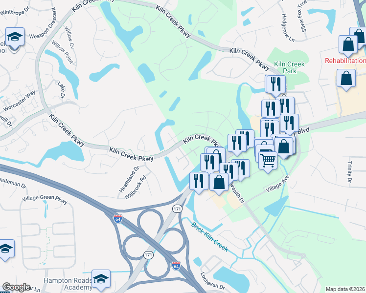 map of restaurants, bars, coffee shops, grocery stores, and more near 824 Grand Bay Cove in Newport News