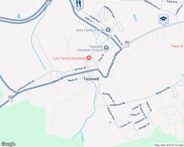 map of restaurants, bars, coffee shops, grocery stores, and more near 145 Main Street in Tazewell