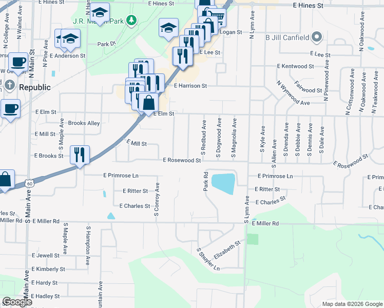 map of restaurants, bars, coffee shops, grocery stores, and more near 207 South Redbud Avenue in Republic