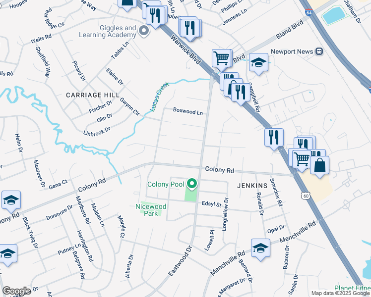 map of restaurants, bars, coffee shops, grocery stores, and more near 12 Sylvia Lane in Newport News