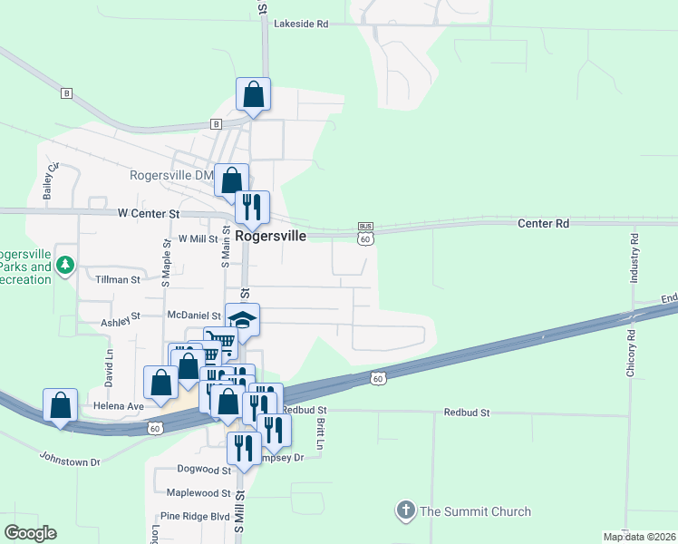 map of restaurants, bars, coffee shops, grocery stores, and more near 303 East Center Street in Rogersville
