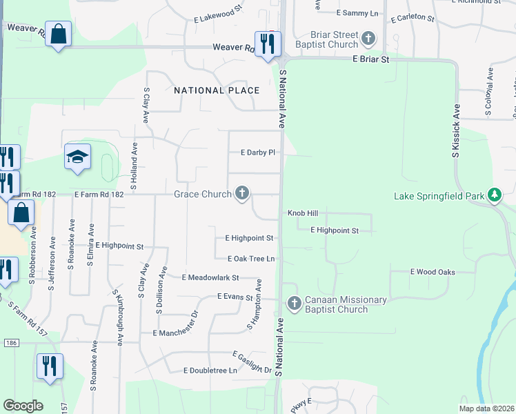map of restaurants, bars, coffee shops, grocery stores, and more near 5412 South Hampton Avenue in Springfield