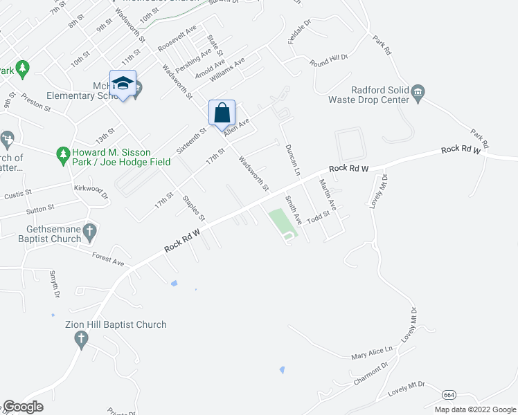 map of restaurants, bars, coffee shops, grocery stores, and more near 514 Rock Road West in Radford