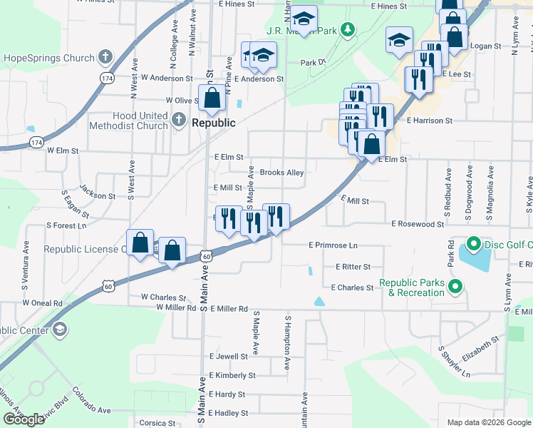 map of restaurants, bars, coffee shops, grocery stores, and more near 225 East Brooks Street in Republic