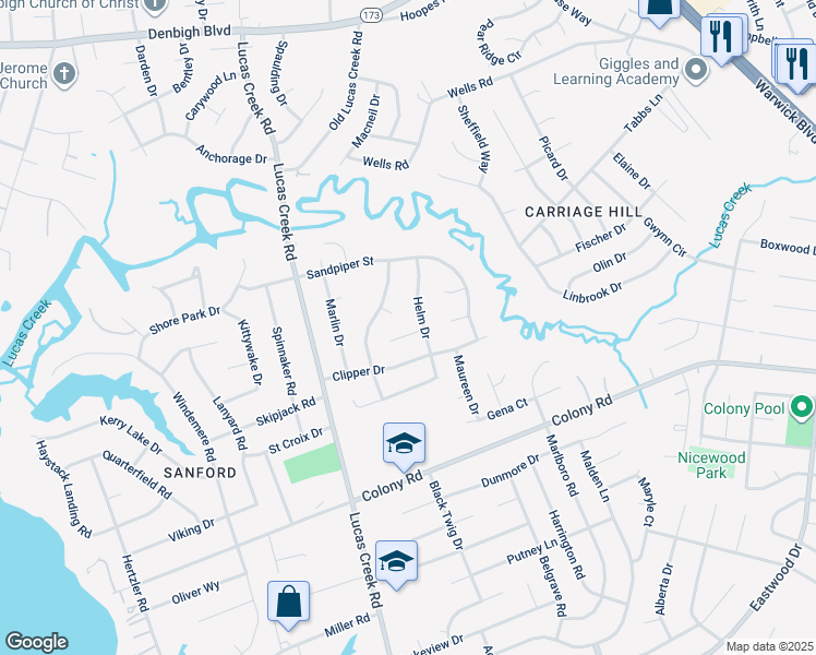 map of restaurants, bars, coffee shops, grocery stores, and more near 519 Helm Drive in Newport News